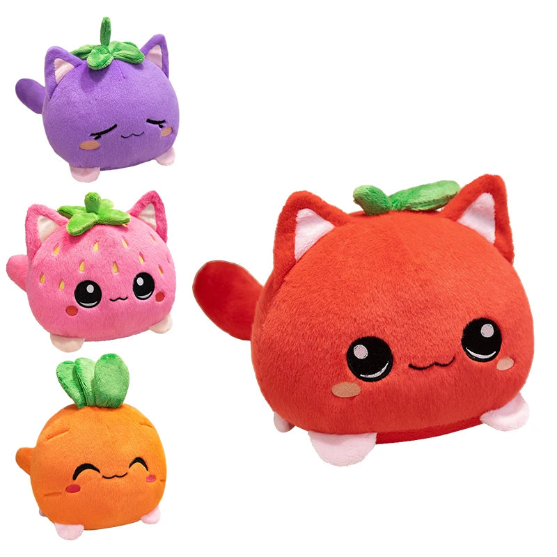 Sweet Lovely Strawberry Kitten Ball Plush Toys Soft Pink Cartoon Apple Eggplant Cat Doll Bags Hanging Toys Funny Desktop Decor