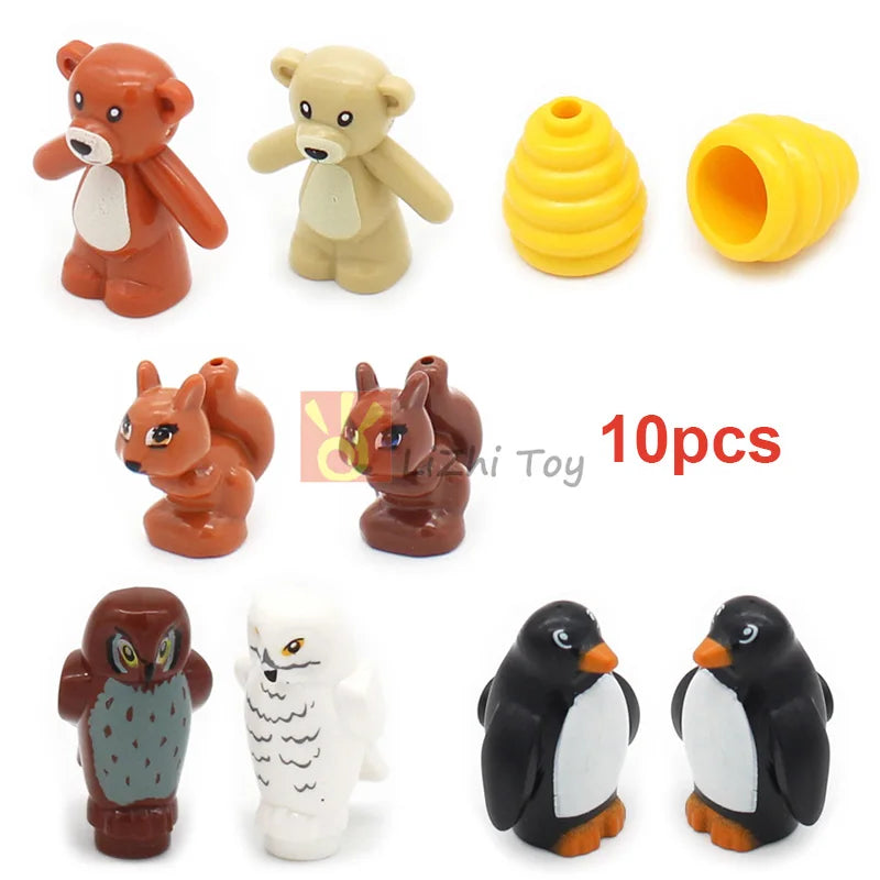MOC Animal Figure Brick Building Blocks Pet Zoo Dog Penguin Cat Clown Fish Bird Bear Bat Squirrel Owl DIY Model Toys Girls Kids