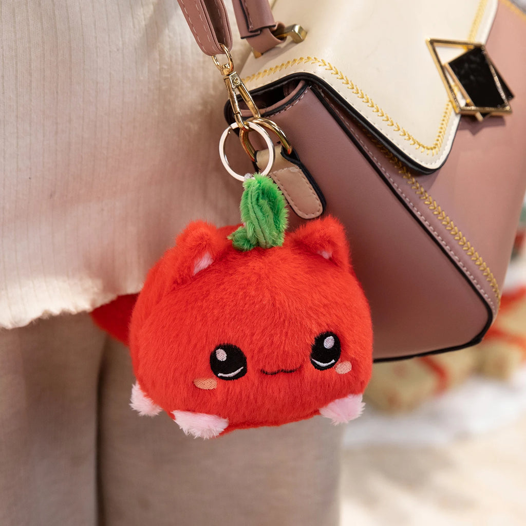 Sweet Lovely Strawberry Kitten Ball Plush Toys Soft Pink Cartoon Apple Eggplant Cat Doll Bags Hanging Toys Funny Desktop Decor
