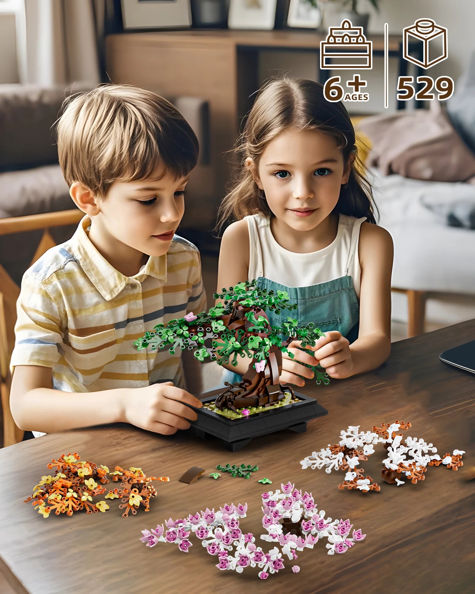 Gobricks MOC Four Season Flower Tree Bricks Model Spring Summer Autumn Winter Bonsai Tree Home Decoration Building Blocks Toys