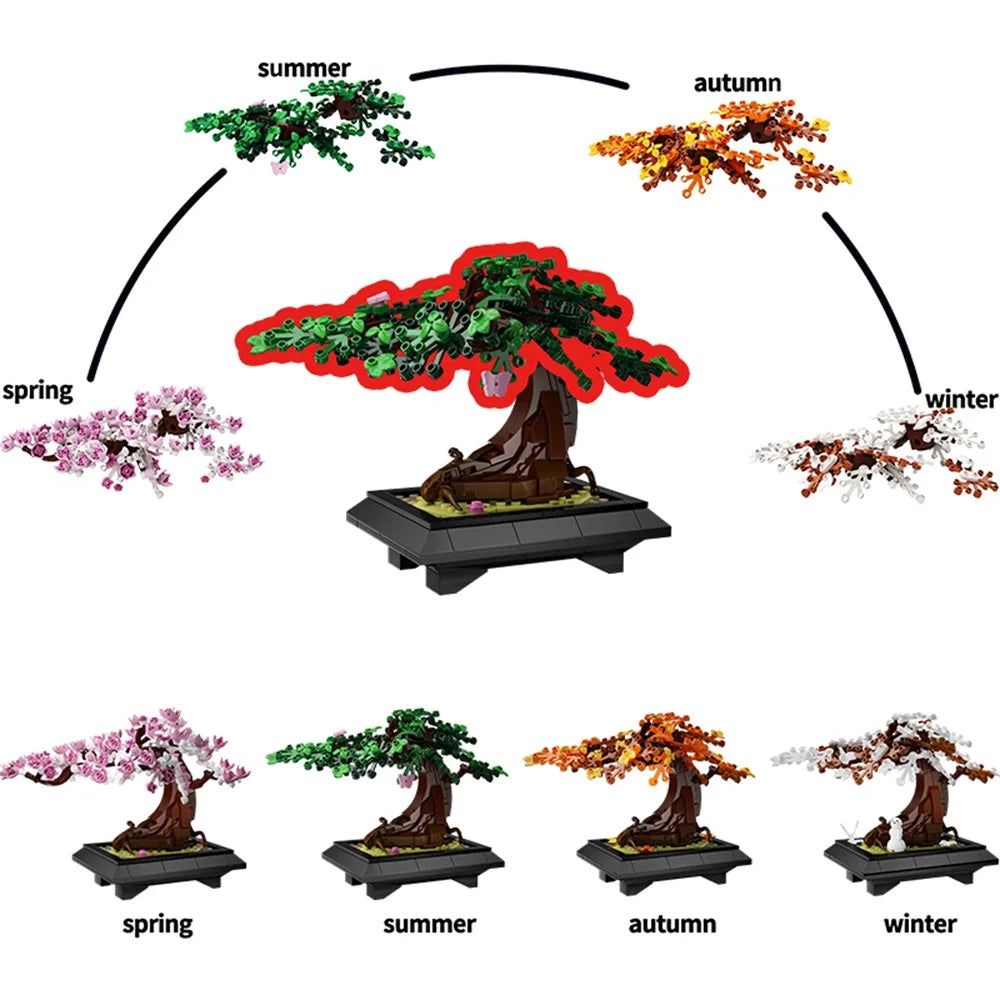 Gobricks MOC Four Season Flower Tree Bricks Model Spring Summer Autumn Winter Bonsai Tree Home Decoration Building Blocks Toys