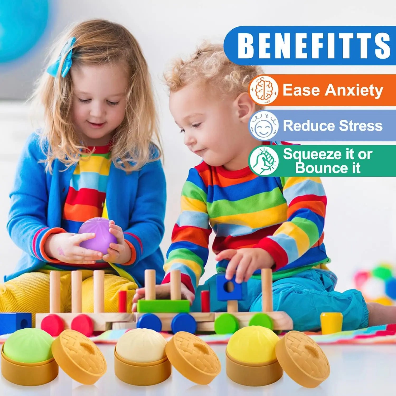 Colorful Dumpling Squishes Stress Balls Fidget Sensory Toys Simulation Food Squishies Bun with Steamer Squeeze Dough Ball Gifts