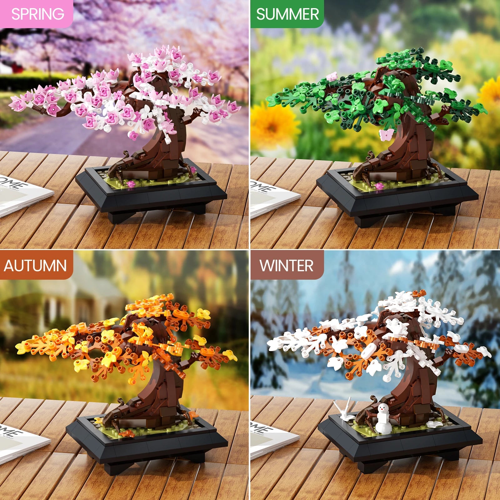 Gobricks MOC Four Season Flower Tree Bricks Model Spring Summer Autumn Winter Bonsai Tree Home Decoration Building Blocks Toys