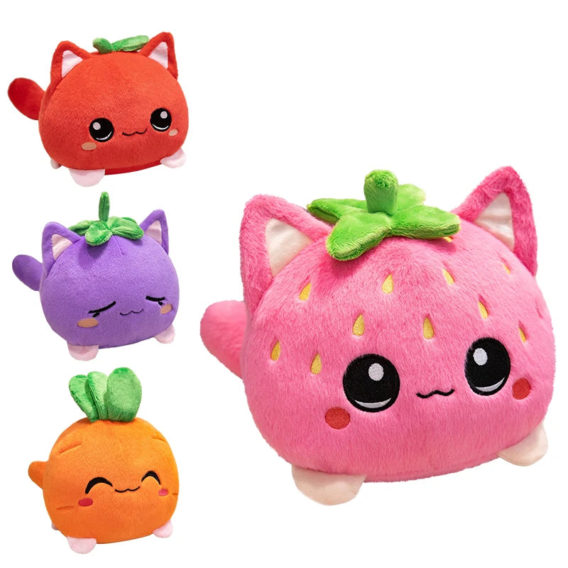 Sweet Lovely Strawberry Kitten Ball Plush Toys Soft Pink Cartoon Apple Eggplant Cat Doll Bags Hanging Toys Funny Desktop Decor