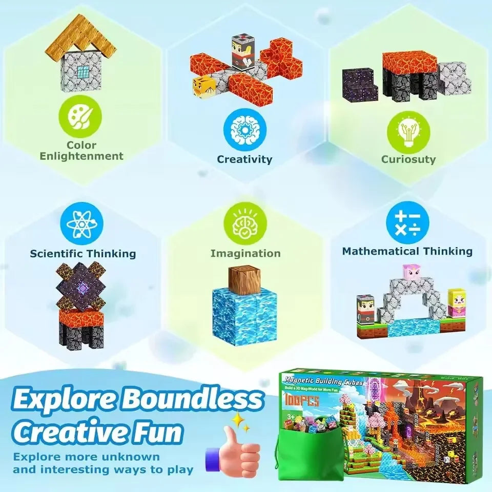 Upgrades Magnetic Building Blocks Toy Build Mine Magnet World Set for Boys Girls STEM Montessori Sensory Cubes for Toddlers