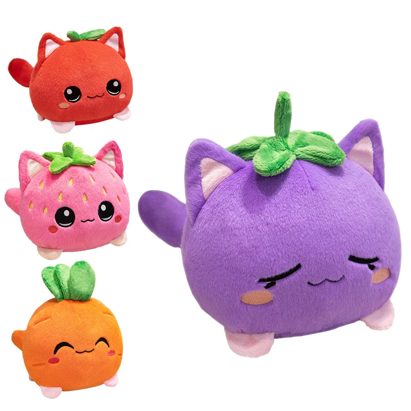 Sweet Lovely Strawberry Kitten Ball Plush Toys Soft Pink Cartoon Apple Eggplant Cat Doll Bags Hanging Toys Funny Desktop Decor