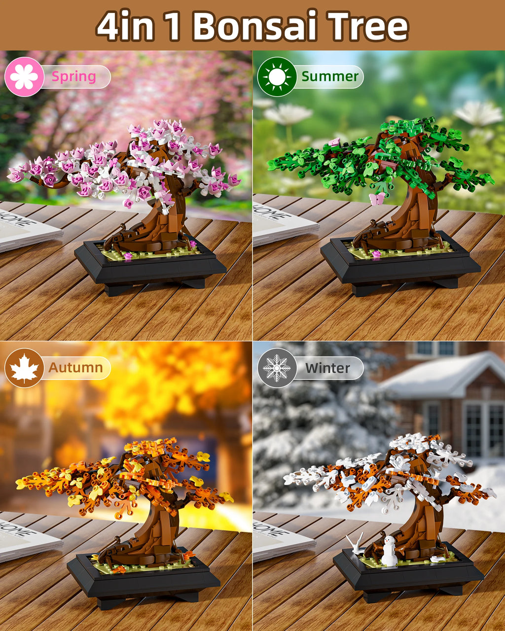 Gobricks MOC Four Season Flower Tree Bricks Model Spring Summer Autumn Winter Bonsai Tree Home Decoration Building Blocks Toys