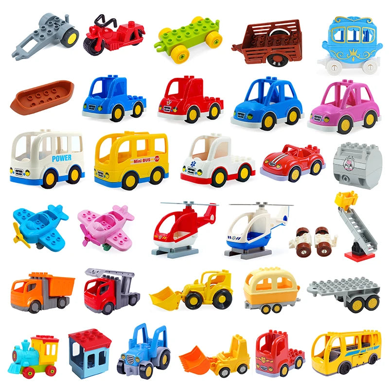 City Car Cartoon Offroad Truck Bread Trailer Bus Big Size Building Blocks Accessories Children Educational DuploLG Bricks Toys
