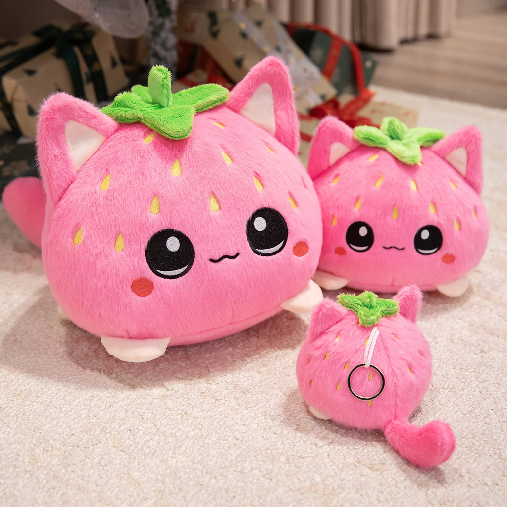 Sweet Lovely Strawberry Kitten Ball Plush Toys Soft Pink Cartoon Apple Eggplant Cat Doll Bags Hanging Toys Funny Desktop Decor