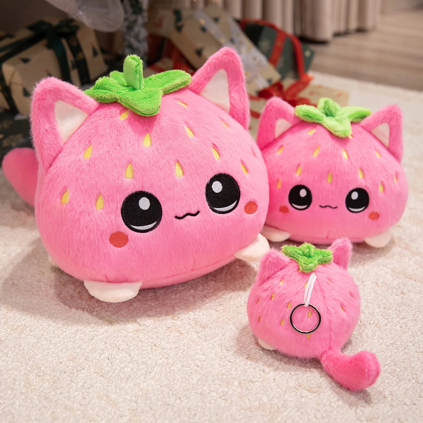 Sweet Lovely Strawberry Kitten Ball Plush Toys Soft Pink Cartoon Apple Eggplant Cat Doll Bags Hanging Toys Funny Desktop Decor