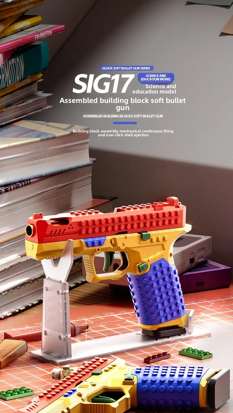 SIG17 Building Blocks Toy Gun Auto Firing Eject Shell Blowback Soft Bullet Pistol Outdoor War Game for Boys Adults Gift