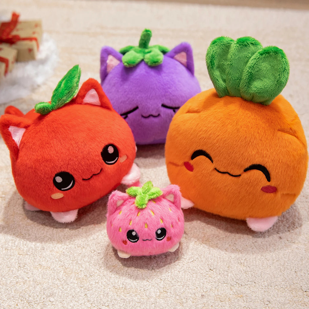 Sweet Lovely Strawberry Kitten Ball Plush Toys Soft Pink Cartoon Apple Eggplant Cat Doll Bags Hanging Toys Funny Desktop Decor